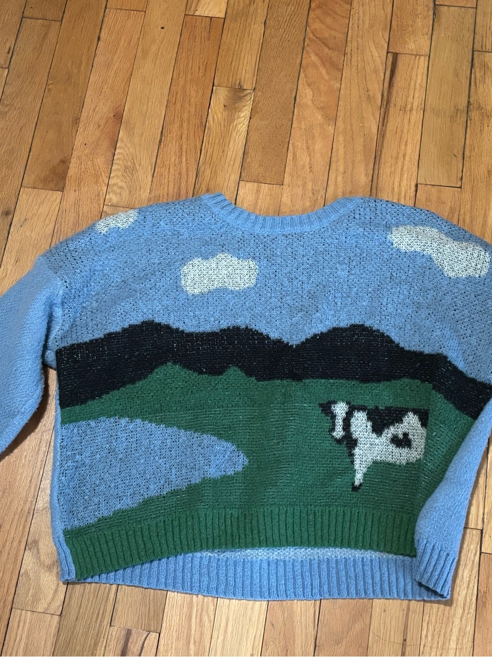 Blue Scenic Cow Intarsia Sweater - Women